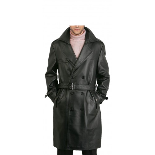 DOUBLE BREASTED TRENCH LEATHER COAT FOR MEN 